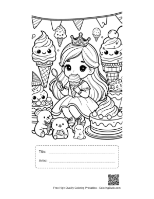 Thumbnail: Joyful Ice Princess Celebrating with Winter Treats and Penguins Printable with Title and Artist Box