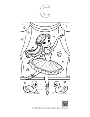 Thumbnail: Lovely Ballet Princess Dancing Under a Crescent Moon Printable Outline Alphabet C