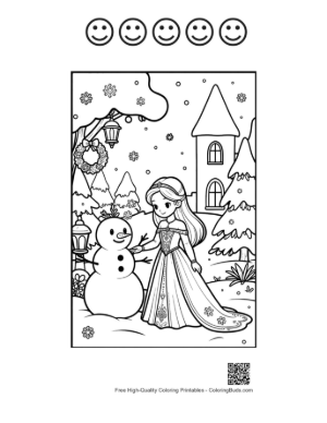 Thumbnail: Magical Ice Princess in a Gown Standing Before a Royal Castle Printable and 5 Happy Face Outline