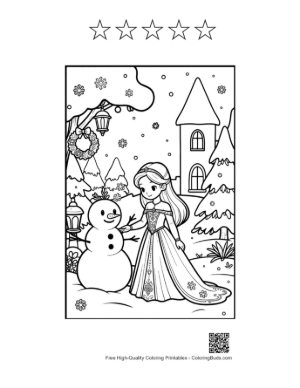 Thumbnail: Magical Ice Princess in a Gown Standing Before a Royal Castle Printable and 5 Star Outline
