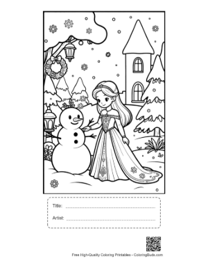 Thumbnail: Magical Ice Princess in a Gown Standing Before a Royal Castle Printable with Title and Artist Box