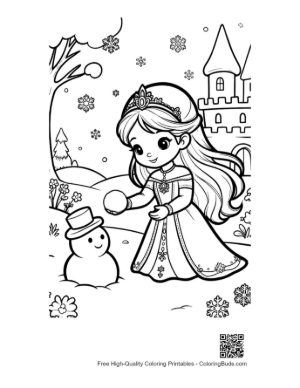 Thumbnail: Pretty Ice Princess Playing with a Snowman in a Snowy Garden Printable