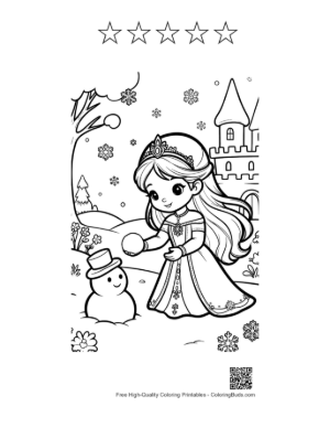 Thumbnail: Pretty Ice Princess Playing with a Snowman in a Snowy Garden Printable and 5 Star Outline