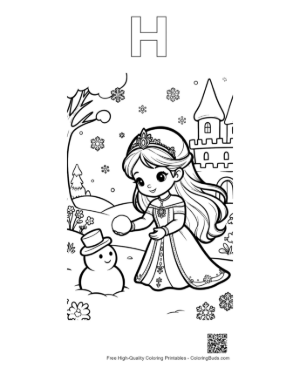 Thumbnail: Pretty Ice Princess Playing with a Snowman in a Snowy Garden Printable Outline Alphabet H