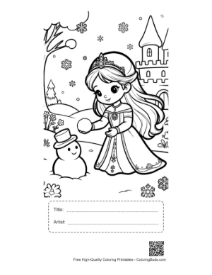 Thumbnail: Pretty Ice Princess Playing with a Snowman in a Snowy Garden Printable with Title and Artist Box