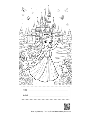 Thumbnail: Royal Ice Princess Twirling in Her Gown Before a Magic Palace Printable with Title and Artist Box