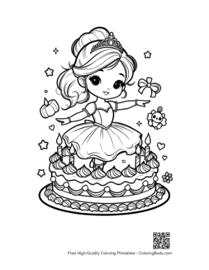 Thumbnail: Sweet Ballet Princess Dancing Next to a Decorated Cake Printable