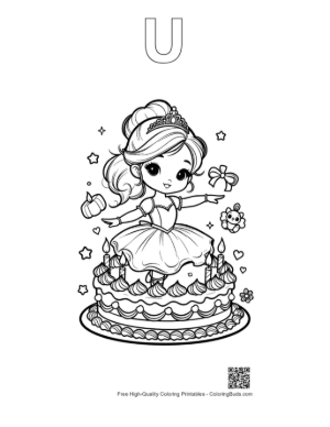 Thumbnail: Sweet Ballet Princess Dancing Next to a Decorated Cake Printable Outline Alphabet U