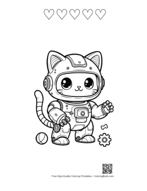 Thumbnail: Cute Mechanical Cat Robot with Big Friendly Eyes and Collar Printable and 5 Heart Outline