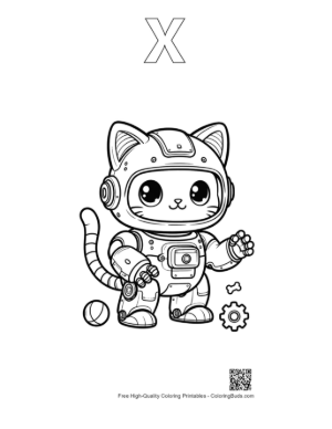 Thumbnail: Cute Mechanical Cat Robot with Big Friendly Eyes and Collar Printable Outline Alphabet X