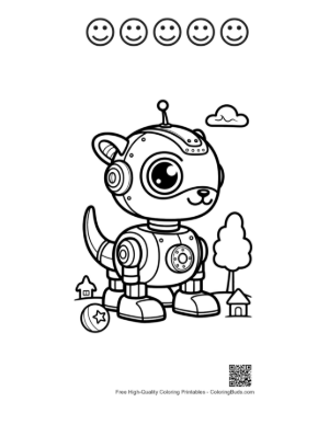 Thumbnail: Cute Mechanical Robot Cat Standing in a Futuristic City Park Printable and 5 Happy Face Outline