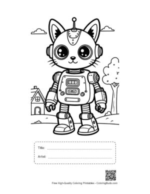 Thumbnail: Cute Retro Robot Coloring Page Printable with Title and Artist Box