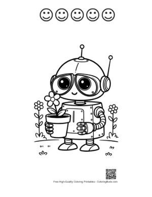 Thumbnail: Cute Retro Robot Gardener Holding a Potted Flower in a Sunny Garden Printable and 5 Happy Face Outline