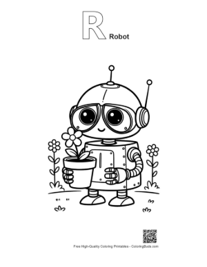 Thumbnail: Cute Retro Robot Gardener Holding a Potted Flower in a Sunny Garden Printable Outline Alphabet R Robot