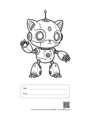 Thumbnail: Friendly Kitty Robot Waving with a Mechanical Paw Printable with Title and Artist Box