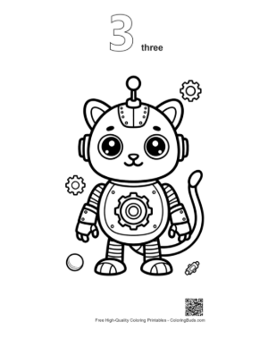 Thumbnail: Friendly Mechanical Kitten Robot Sitting in a Sunny Field Printable Outline Number 3