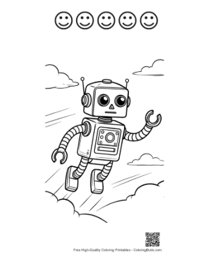 Thumbnail: Futuristic Retro Robot Flying High in a Cloudy Sky Setting Printable and 5 Happy Face Outline
