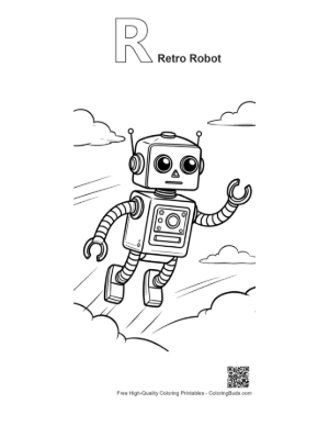 Thumbnail: Futuristic Retro Robot Flying High in a Cloudy Sky Setting Printable Outline Alphabet R Retro Robot