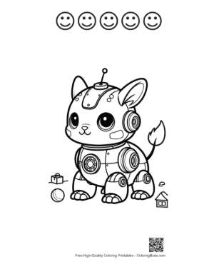 Thumbnail: Little Mechanical Kitty Robot Walking Through a Tech World Printable and 5 Happy Face Outline