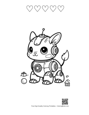 Thumbnail: Little Mechanical Kitty Robot Walking Through a Tech World Printable and 5 Heart Outline