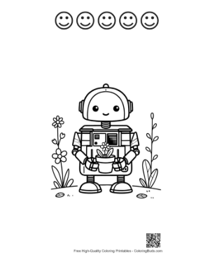 Thumbnail: Little Mechanical Robot Buddy Standing Ready for a Garden Task Printable and 5 Happy Face Outline