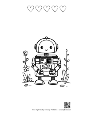 Thumbnail: Little Mechanical Robot Buddy Standing Ready for a Garden Task Printable and 5 Heart Outline