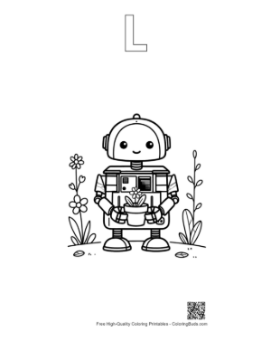 Thumbnail: Little Mechanical Robot Buddy Standing Ready for a Garden Task Printable Outline Alphabet L