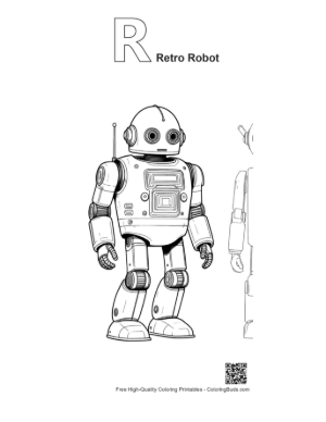 Thumbnail: Retro Robot Line Art Design Printable Outline Alphabet R Retro Robot