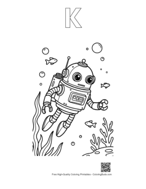 Thumbnail: Retro Submarine Robot Exploring the Ocean Floor Underwater Printable Outline Alphabet K