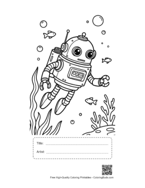 Thumbnail: Retro Submarine Robot Exploring the Ocean Floor Underwater Printable with Title and Artist Box