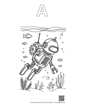 Thumbnail: Retro Underwater Robot Exploring the Deep Sea Among Fish Printable Outline Alphabet A
