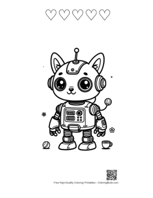 Thumbnail: Small Cat Robot Buddy with Mechanical Gears and Whiskers Printable and 5 Heart Outline