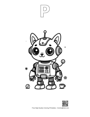 Thumbnail: Small Cat Robot Buddy with Mechanical Gears and Whiskers Printable Outline Alphabet P