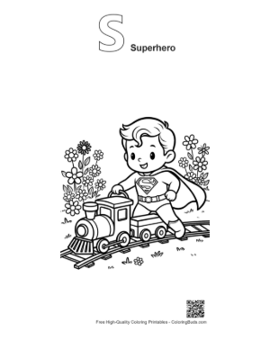Thumbnail: Brave Boy Hero Running Alongside a Fast Locomotive Printable Outline Alphabet S Superhero