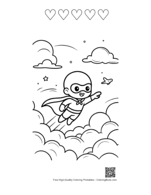 Thumbnail: Brave Superhero Kid Flying Alongside a Small Airplane Printable and 5 Heart Outline
