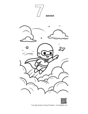 Thumbnail: Brave Superhero Kid Flying Alongside a Small Airplane Printable Outline Number 7