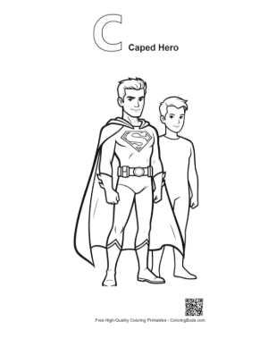 Thumbnail: Caped Superman and Sidekick Standing Proud Printable Outline Alphabet C Caped Hero