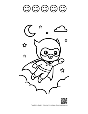Thumbnail: Cute Baby Superhero Flying Through a Starry Night Sky Printable and 5 Happy Face Outline