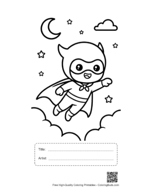 Thumbnail: Cute Baby Superhero Flying Through a Starry Night Sky Printable with Title and Artist Box