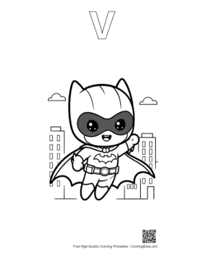 Thumbnail: Masked Superhero Child Posing in Front of Urban Buildings Printable Outline Alphabet V