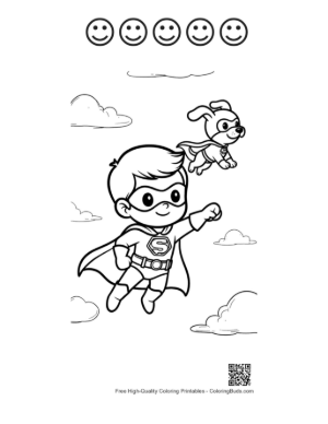 Thumbnail: Super Boy and Heroic Dog Flying Together on a Mission Printable and 5 Happy Face Outline