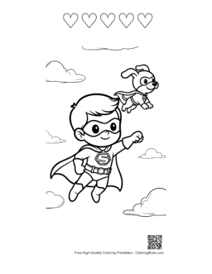 Thumbnail: Super Boy and Heroic Dog Flying Together on a Mission Printable and 5 Heart Outline