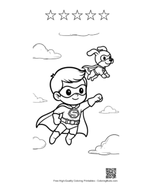Thumbnail: Super Boy and Heroic Dog Flying Together on a Mission Printable and 5 Star Outline