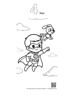 Thumbnail: Super Boy and Heroic Dog Flying Together on a Mission Printable Outline Number 4