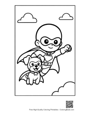 Thumbnail: Young Hero and His Caped Dog Soaring Through the Air Printable
