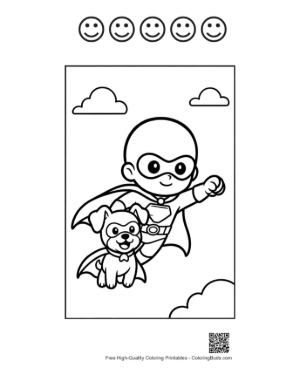 Thumbnail: Young Hero and His Caped Dog Soaring Through the Air Printable and 5 Happy Face Outline