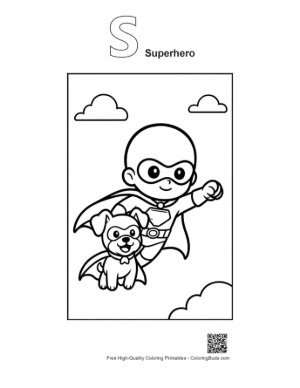 Thumbnail: Young Hero and His Caped Dog Soaring Through the Air Printable Outline Alphabet S Superhero