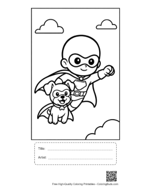 Thumbnail: Young Hero and His Caped Dog Soaring Through the Air Printable with Title and Artist Box