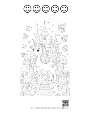 Thumbnail: Adorable Baby Unicorn Posing by a Fairytale Royal Palace Printable and 5 Happy Face Outline