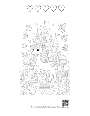 Thumbnail: Adorable Baby Unicorn Posing by a Fairytale Royal Palace Printable and 5 Heart Outline
